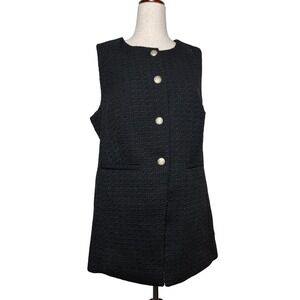 Marled Black Tweed Longline Vest Gold Crest Buttons Womens Large Vest